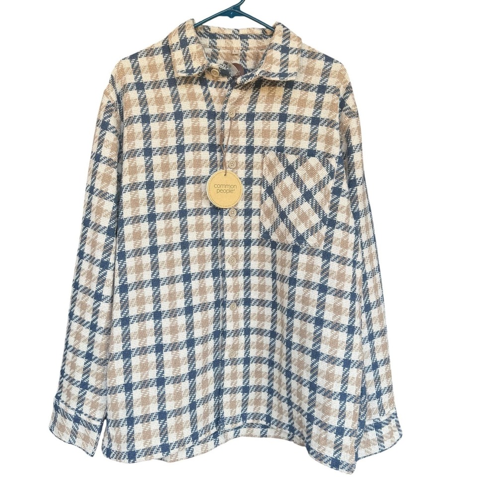 Common People Shirt Mens Large Blue Camel Check Long Sleeve Button Up Casual